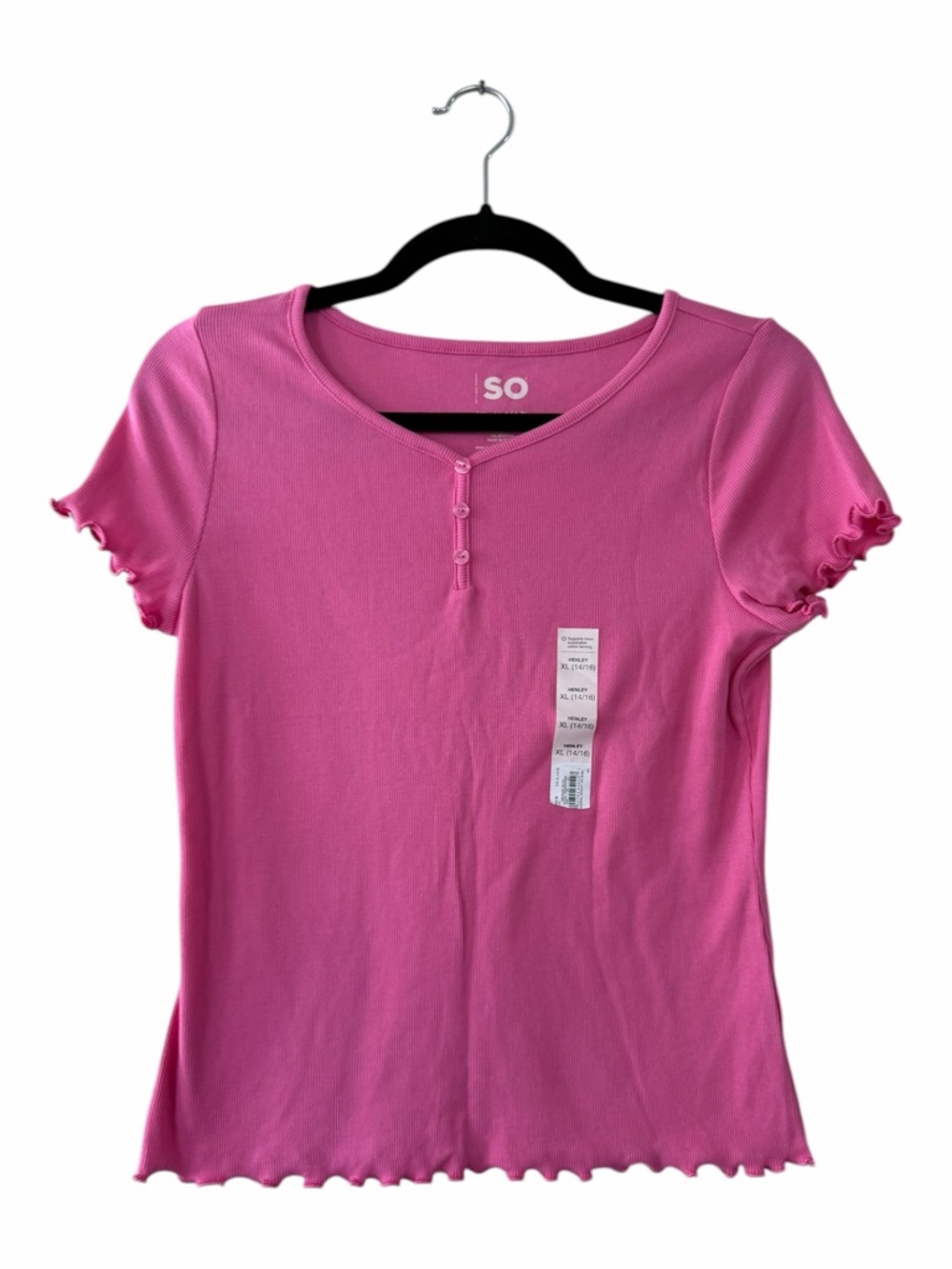 SO Girl’s Pink Ribbed Ruffle Hem T Shirt Short Sleeves Tee Size XL 14/16 NEW